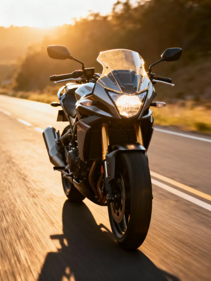 Motorcycle on the road with a sophisticated headlight fairing design, highlighting its modern engineering.