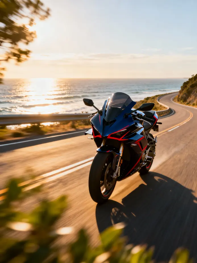 Motorcycle with eye-catching aftermarket fairings riding through a scenic landscape.