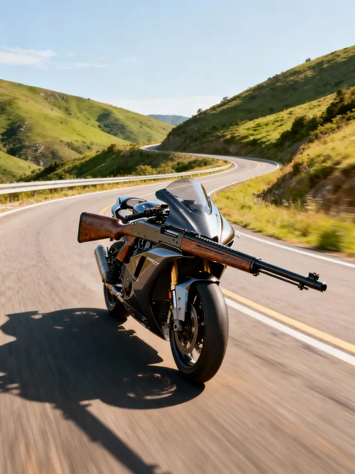 A motorcycle showcasing rifle fairings in motion on a beautiful road, representing the essence of style and performance.