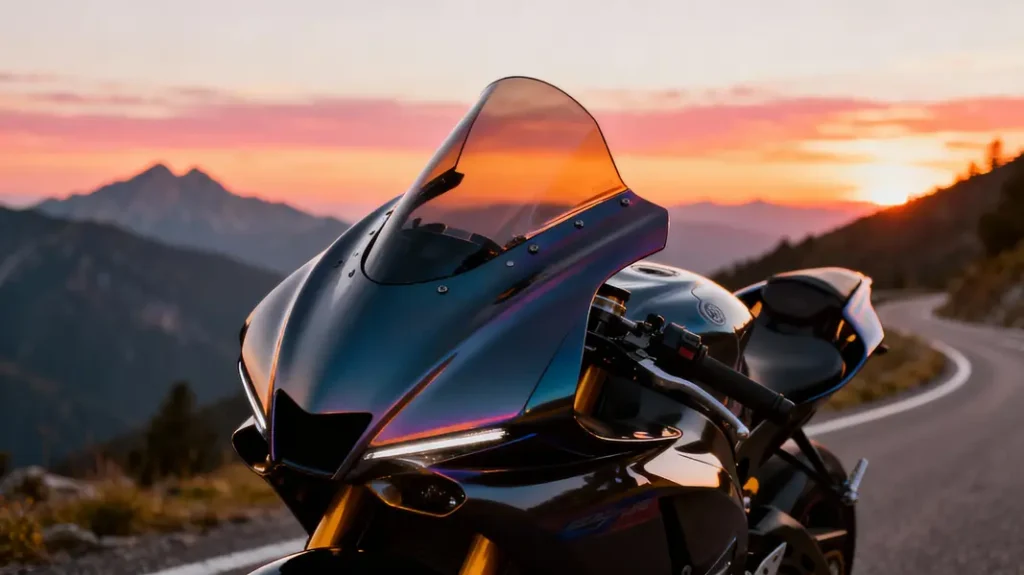 A motorcycle with a universal fairing on a scenic ride, exuding style and performance.