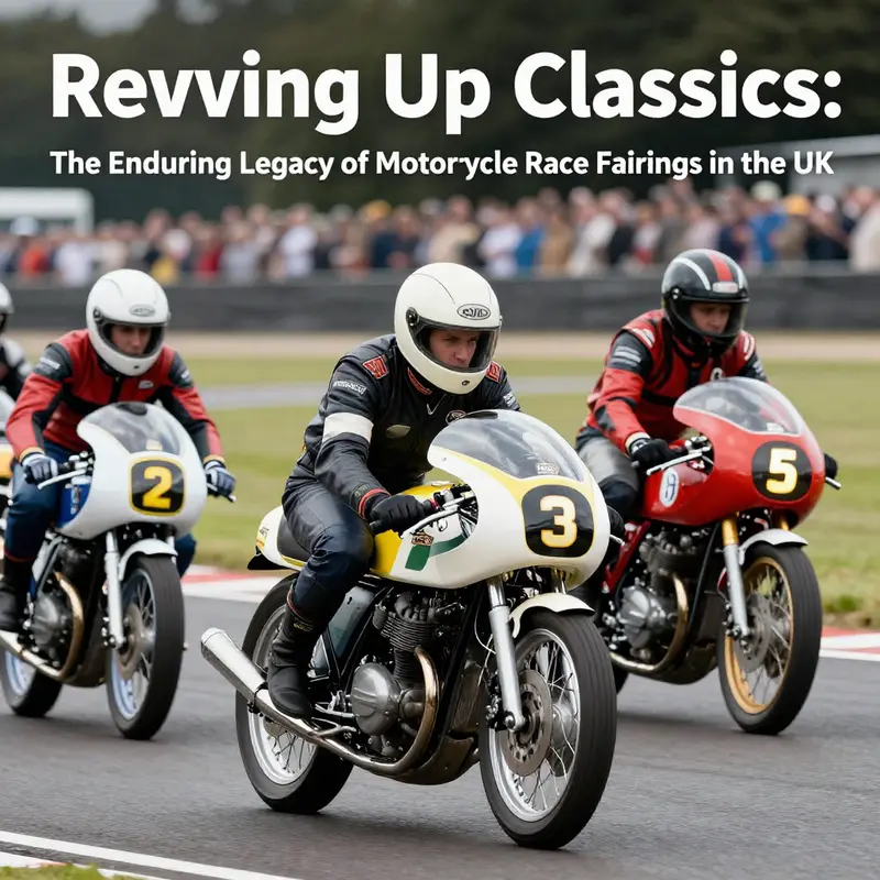 Classic motorcycles adorned with race fairings at a vintage UK racing event, showcasing their historical significance.