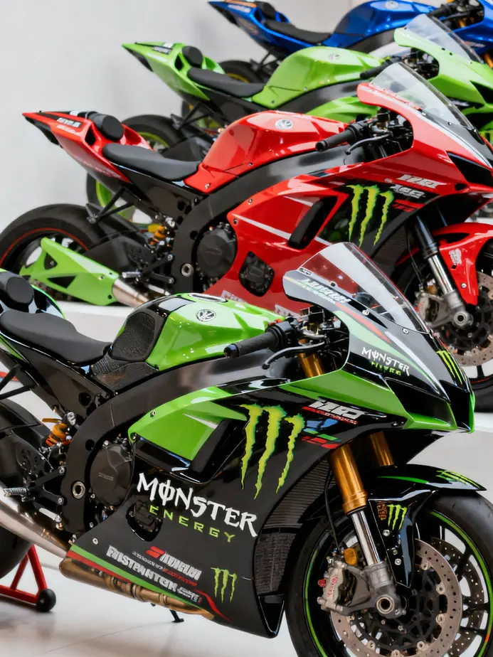 An assortment of custom-designed Monster motorcycle fairings featuring vibrant colors and unique graphics.