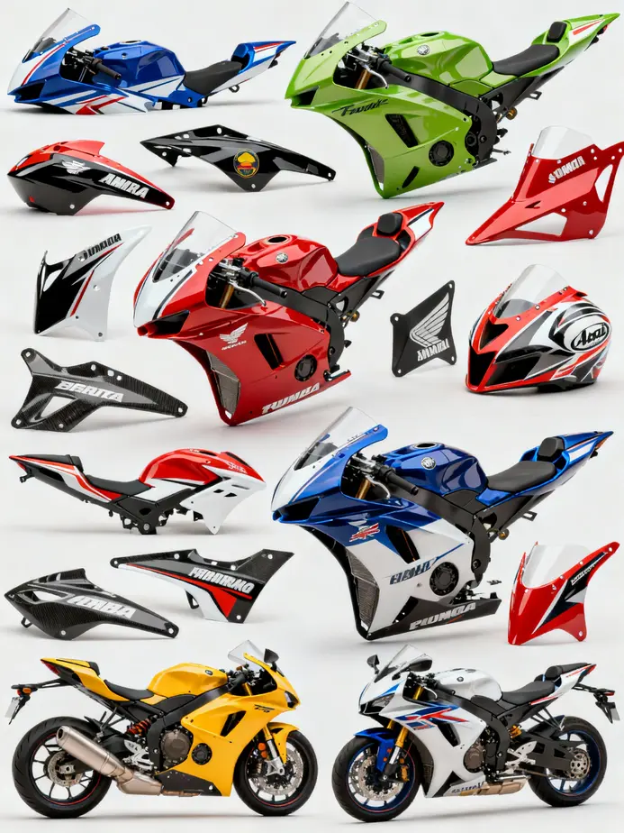 A sport bike demonstrating the aerodynamic improvements provided by aftermarket fairing kits.