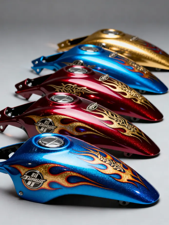 An array of common motorcycle fairings displays the diversity in style and function available for riders.
