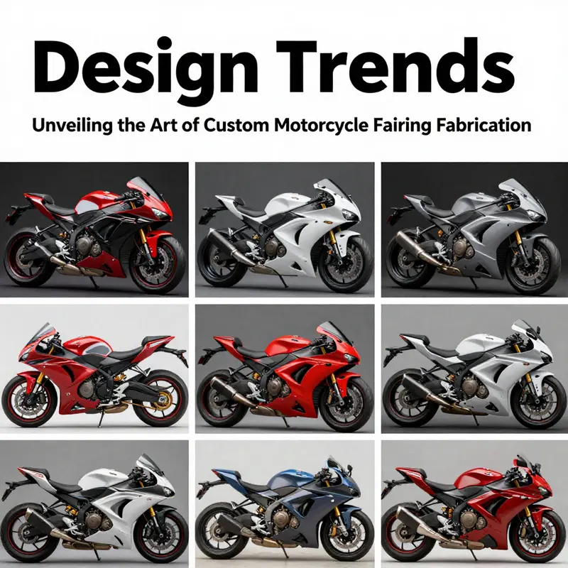 A variety of motorcycle fairings showcasing the materials and tools used in custom fabrication.