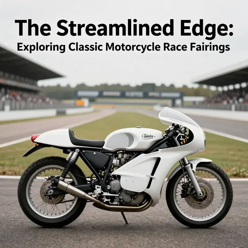 A vintage motorcycle adorned with aerodynamically designed fairings, set against the backdrop of a historic racetrack.