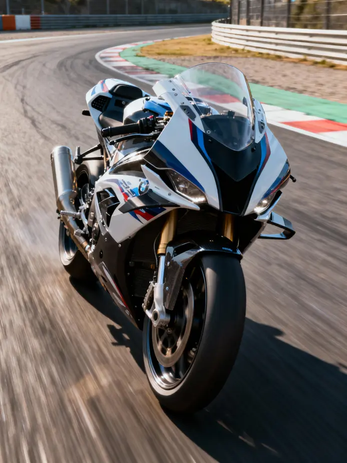 A race motorcycle depicted on a racetrack, highlighting its aerodynamic race fairings in action.