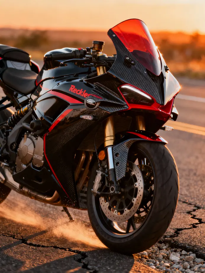 A motorcycle displaying a reckless fairing, highlighting its aerodynamic and aesthetic features.