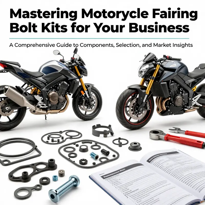 A collection of motorcycle fairing bolt kits alongside tools and motorcycle models illustrating comprehensive repair solutions for businesses.