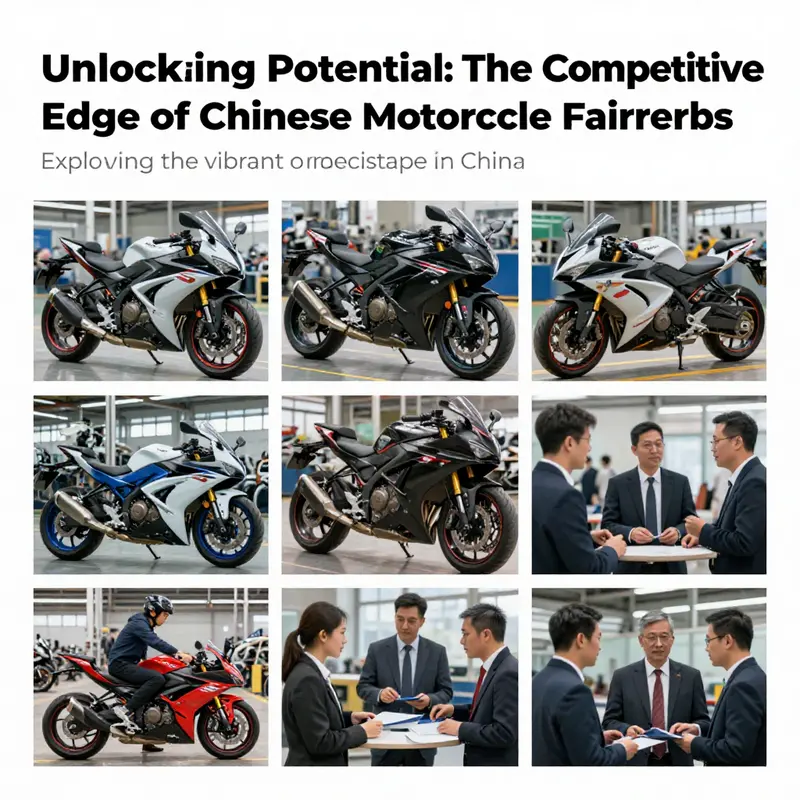 Collage showcasing motorcycle fairings and production environments in China.