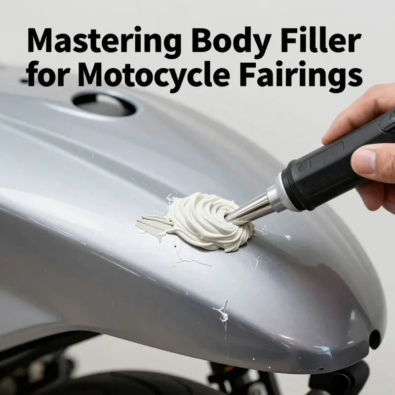 Applying body filler to motorcycle fairings to effectively fill in dents and cracks.