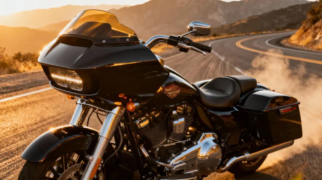 Harley-Davidson Dyna with motorcycle fairings parked along a scenic road.