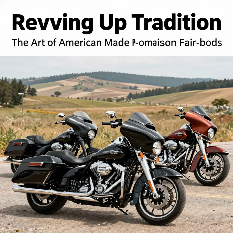 A scenic view of Harley-Davidson motorcycles with American made fairings parked along an open road.