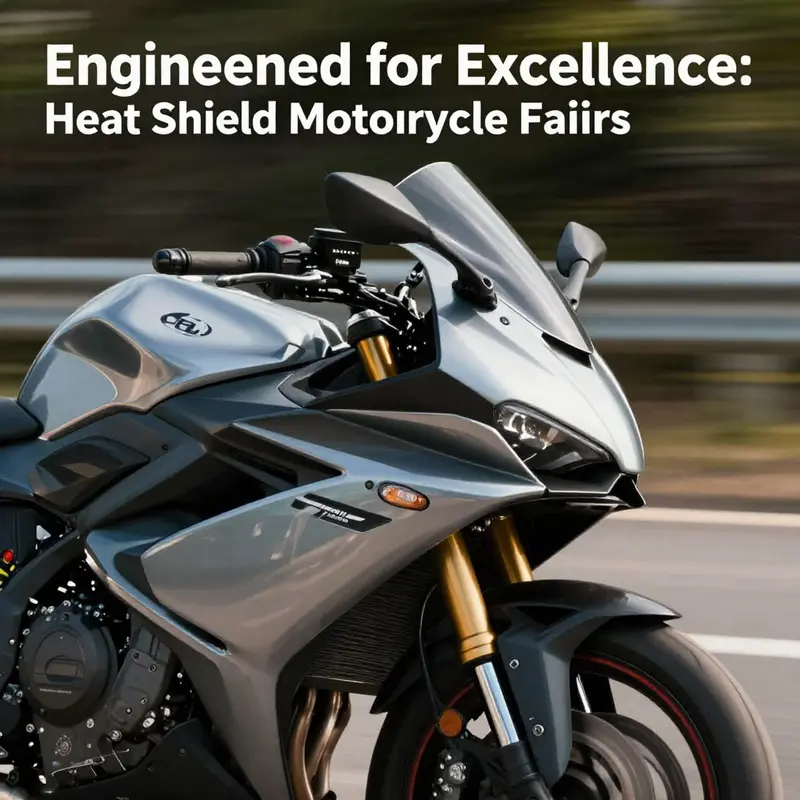 A dynamic photo of a motorcycle featuring a heat shield fairing, conveying speed and high performance.