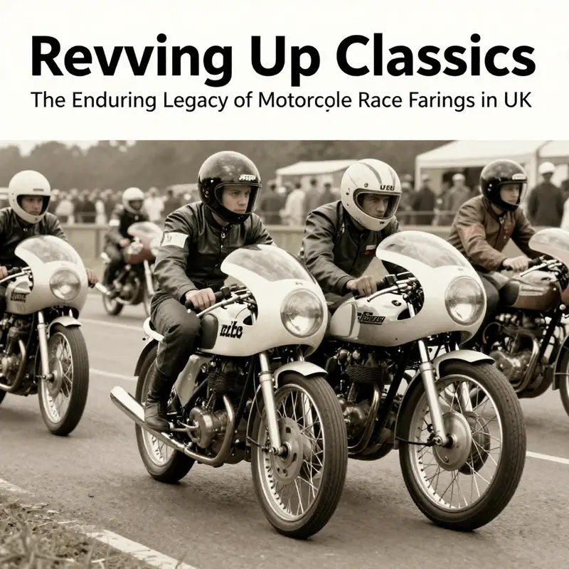 Classic motorcycles adorned with race fairings at a vintage UK racing event, showcasing their historical significance.