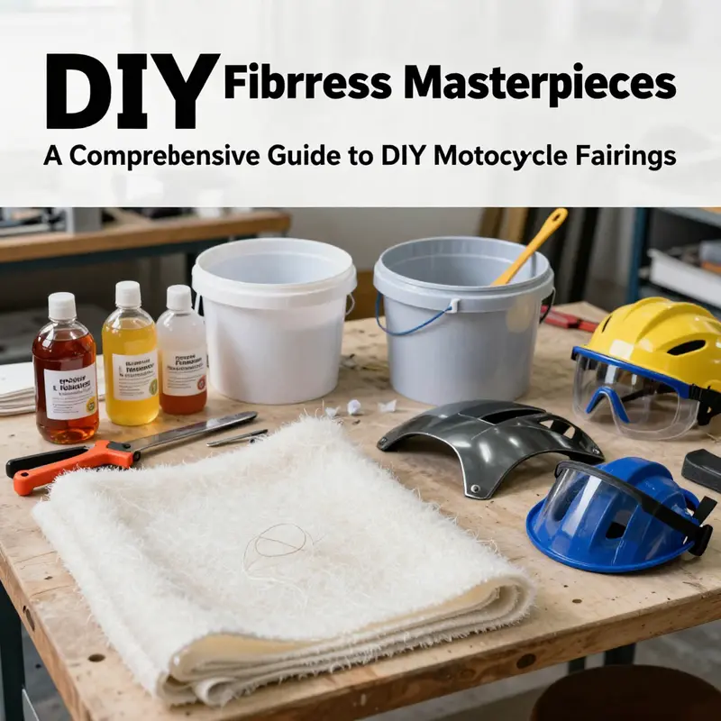 Essential materials and tools for DIY fiberglass fairing preparation, showcased in a well-organized workspace.