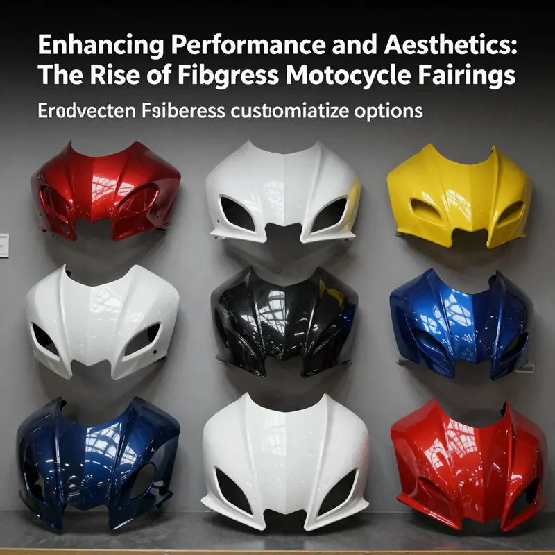 An assortment of customizable fiberglass motorcycle fairings illustrating modular design variations.