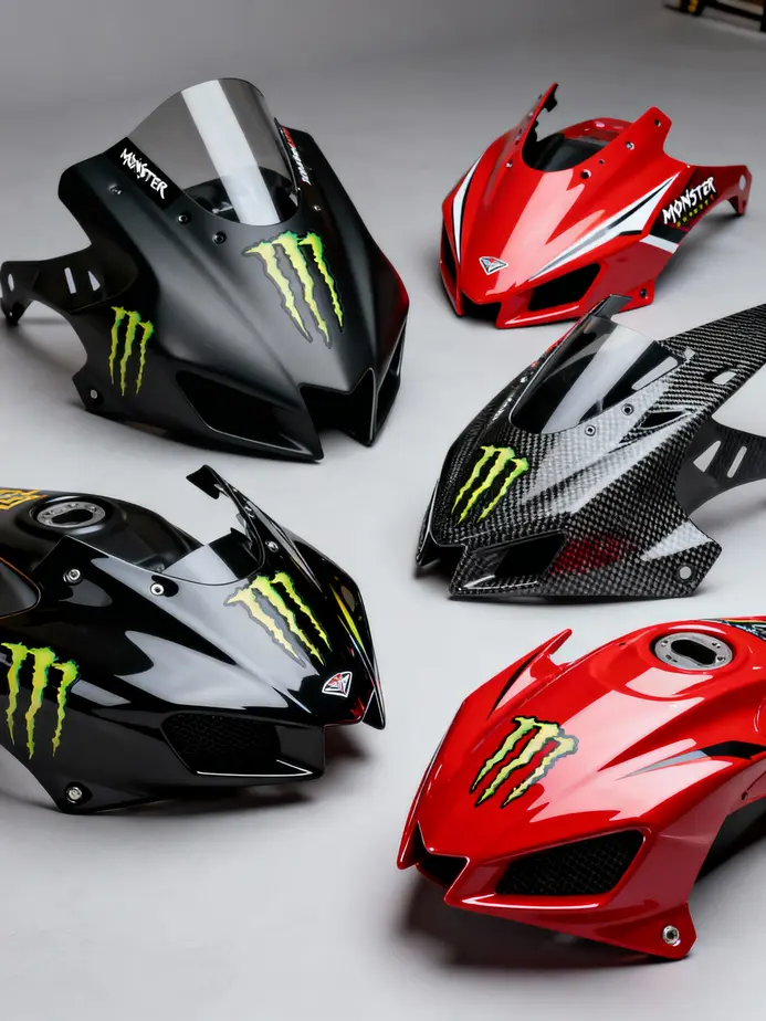 A collection of Monster motorcycle fairings showcasing diverse designs and emphasizing the customization and performance aspects.
