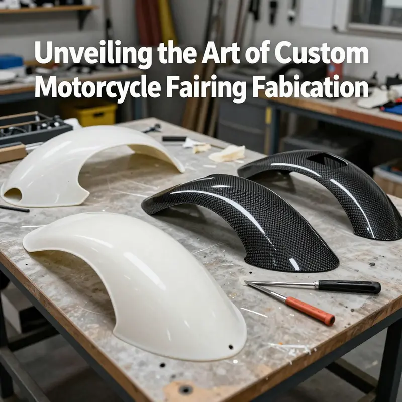 A variety of motorcycle fairings showcasing the materials and tools used in custom fabrication.