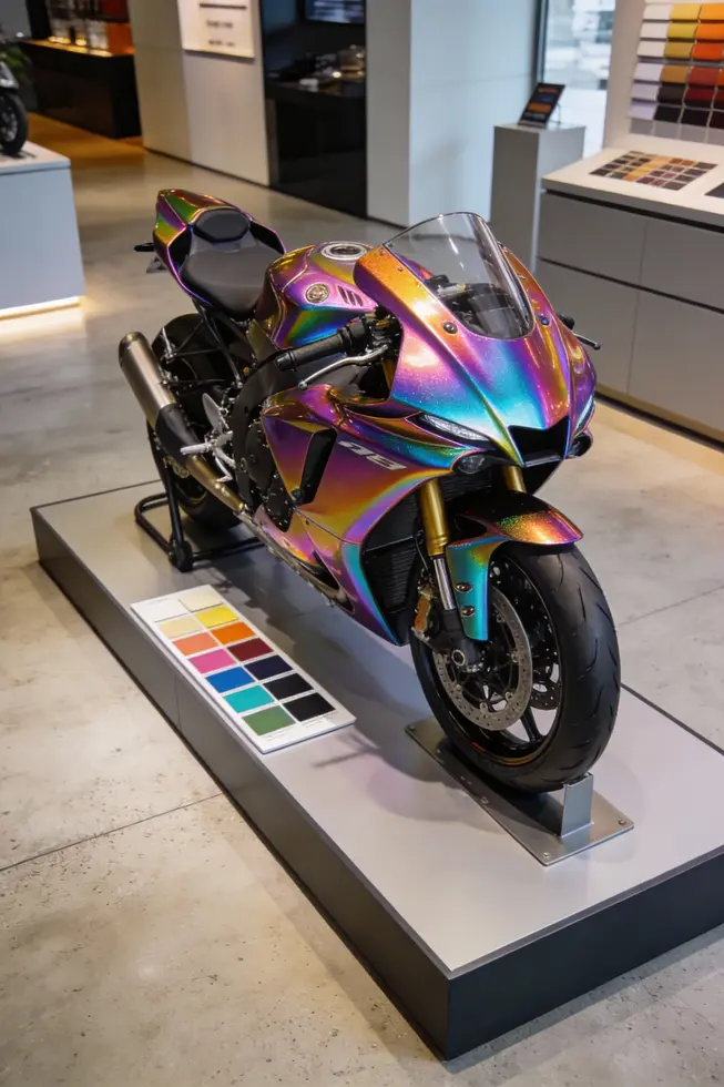 Showroom-ready sport motorcycle with color-shifting fairing paint and display swatches.