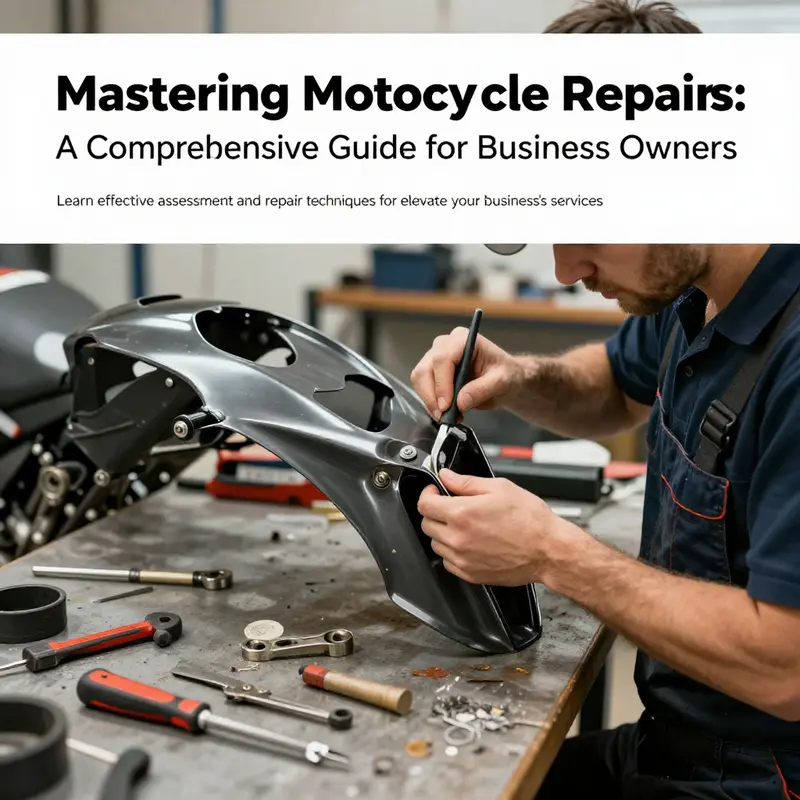 A skilled mechanic at a workbench repairing a motorcycle fairing, exemplifying the importance of expertise in motorcycle repairs.