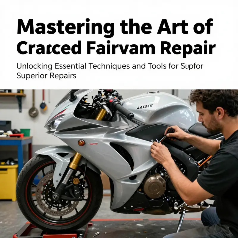 A motorcycle technician repairing a fairing, with tools and materials organized around them in a workshop.