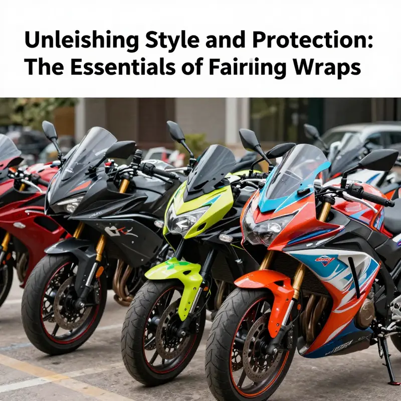 Multiple motorcycles with creatively wrapped fairings displaying various colors and designs in a scenic setting.