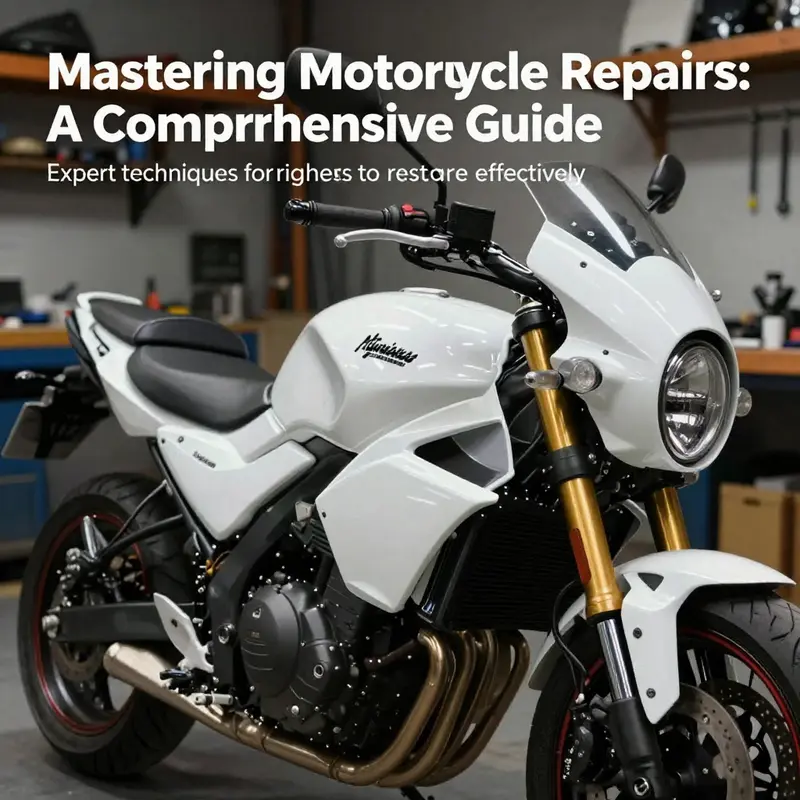 A pristine motorcycle showcasing repaired fiberglass fairings in a professional workshop setting.