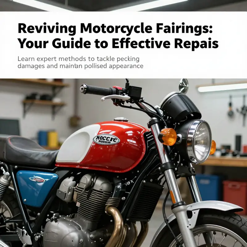 A polished motorcycle in a workshop, emphasizing high-quality fairing repairs and restoration.