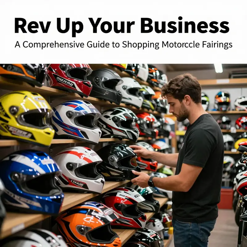 A motorcycle enthusiast in a shop surrounded by an array of colorful motorcycle fairings, representing various styles and custom options.