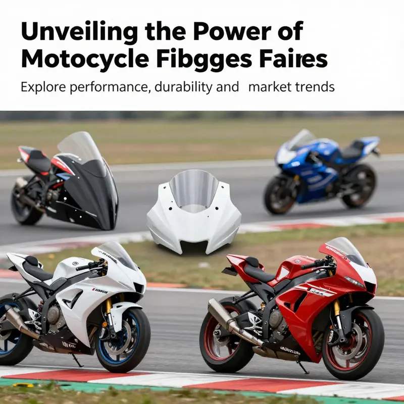 Display of various fiberglass fairings for motorcycles illustrating unique designs and vibrant colors in a racing environment.