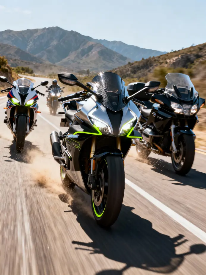Dynamic scene of motorcycles showcasing various headlight fairings styles in an outdoor environment.