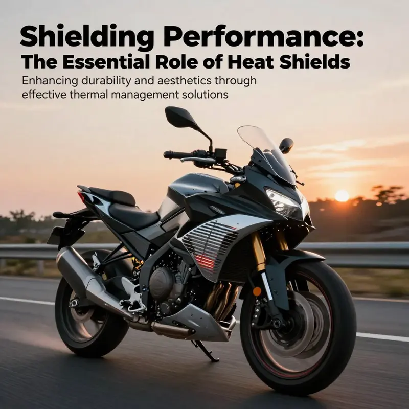 A motorcycle in motion on a highway at sunset, emphasizing the visible fairing with a heat shield for enhanced thermal protection.