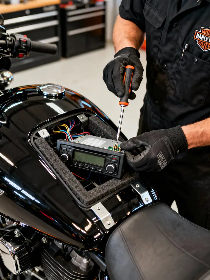 A motorcycle fairing equipped with an advanced stereo system, highlighting premium design features.