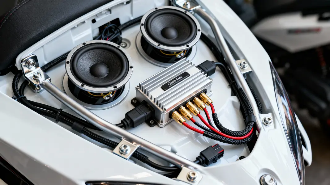 A motorcycle fairing equipped with an advanced stereo system, highlighting premium design features.