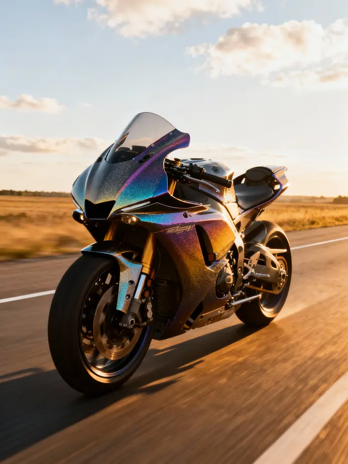A motorcycle with stylish fairings captured mid-ride on a scenic road, demonstrating premium design.