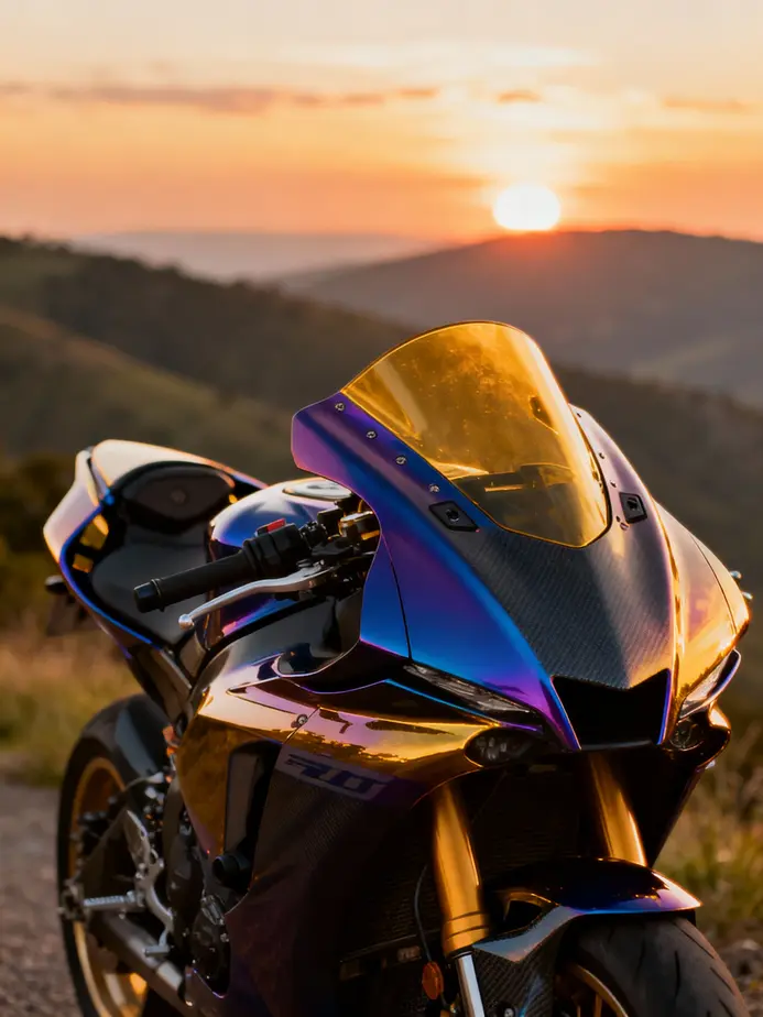 Motorcycle adorned with an aesthetically pleasing fairing set, illustrating modern design and custom features.