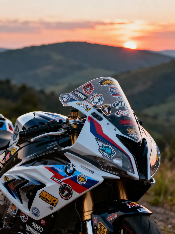 An exemplary motorcycle featuring a variety of fairing decals in a picturesque setting, emphasizing the importance of customization.