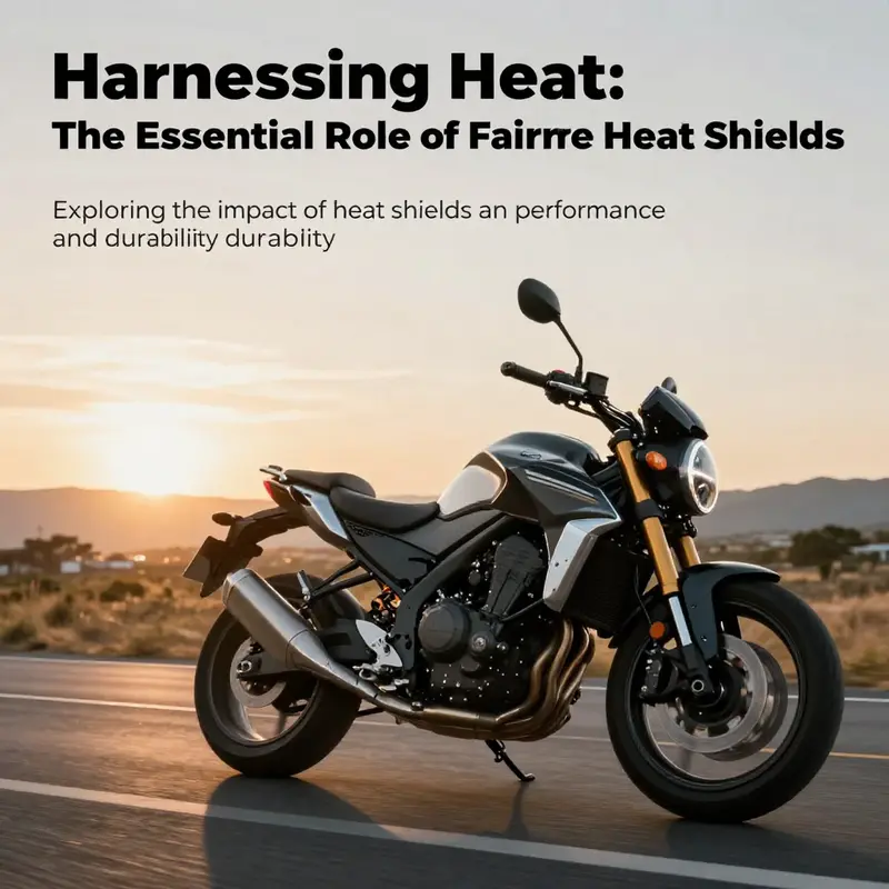 A motorcycle with a visible fairing heat shield captured in motion on a picturesque road at sunset.