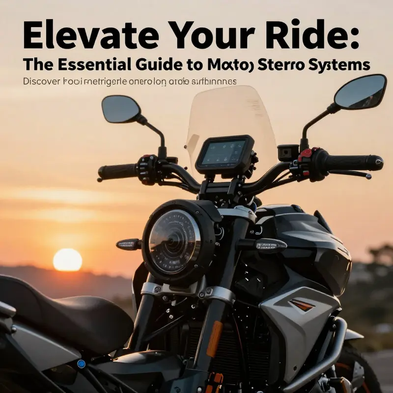 A motorcycle fitted with a high-quality fairing stereo system, set against a vibrant sunset backdrop.