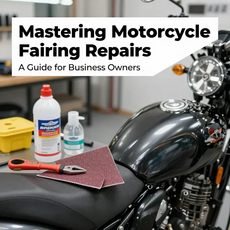 Mechanic assessing damage on a motorcycle fairing to determine repair needs.
