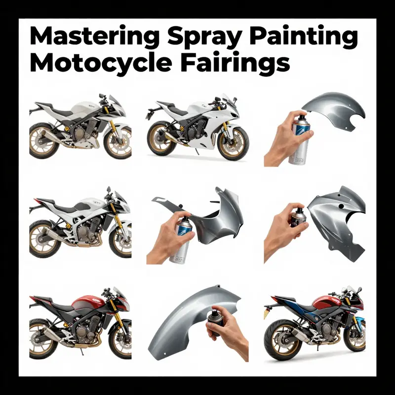 Step-by-step guide illustrating the spray painting process of motorcycle fairings.