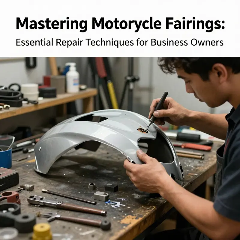 A mechanic engaged in the repair of motorcycle fairings in a well-equipped workshop.