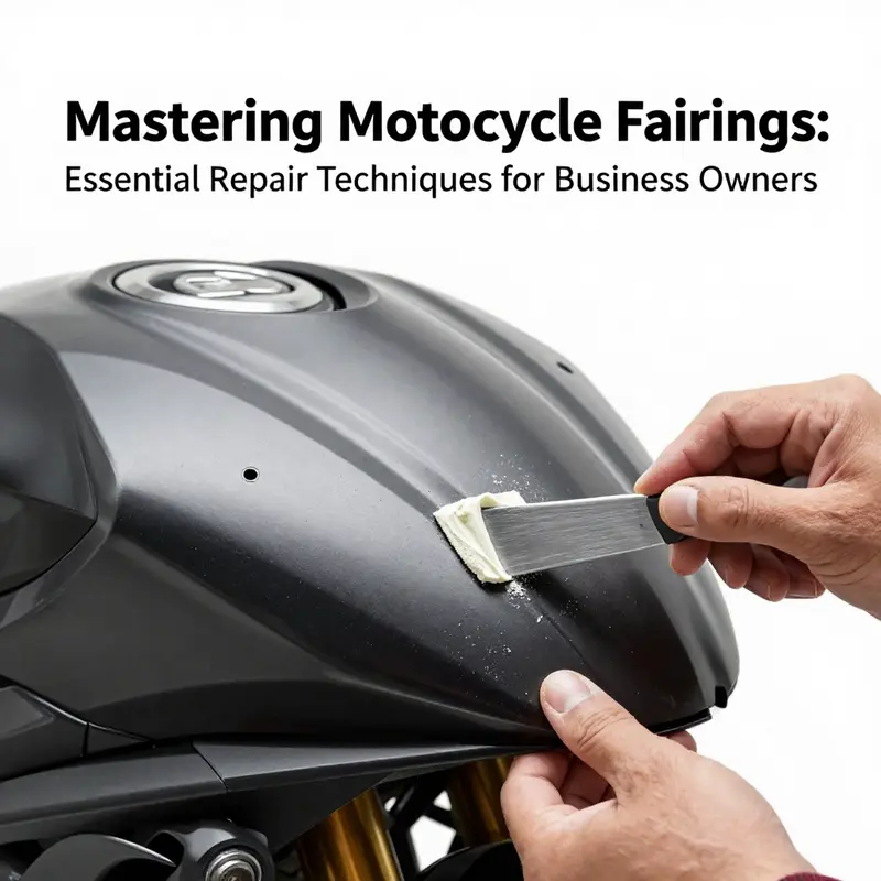 Applying body filler to repair minor damage on motorcycle fairings.