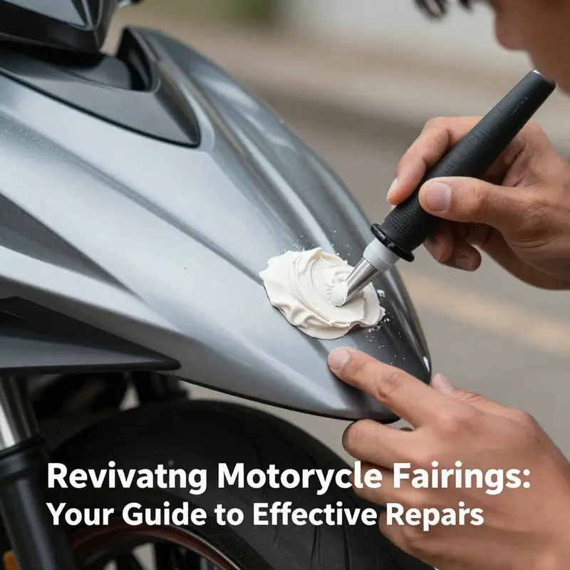 Mechanic applying body filler to repair minor dents and scratches on a motorcycle fairing.