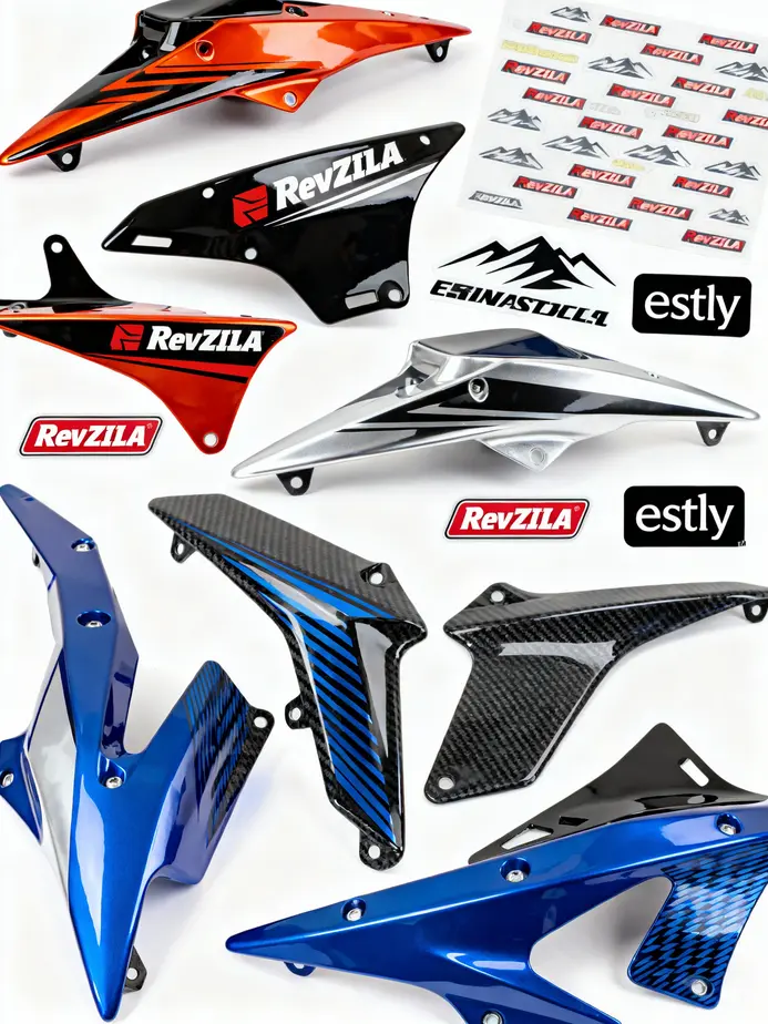A selection of pre-made and custom motorcycle fairing decals, highlighting diversity in design and branding.