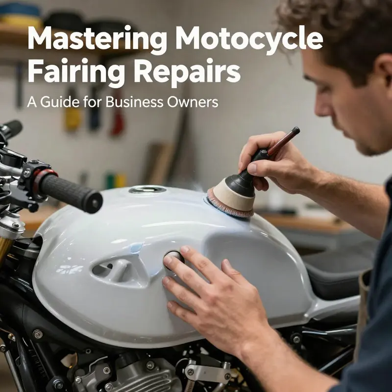 Mechanic assessing damage on a motorcycle fairing to determine repair needs.