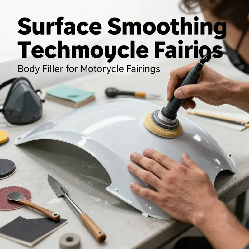 Applying body filler to motorcycle fairings to effectively fill in dents and cracks.