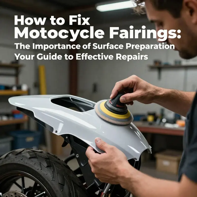 Mechanic applying body filler to repair minor dents and scratches on a motorcycle fairing.