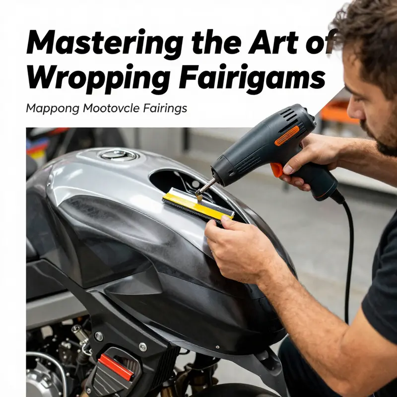 Technician demonstrating wrapping techniques on motorcycle fairings.